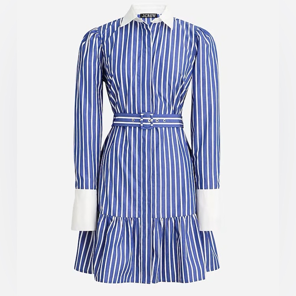 J. Crew Long Sleeve Tiered shirt-dress in cotton poplin contrast collar belted